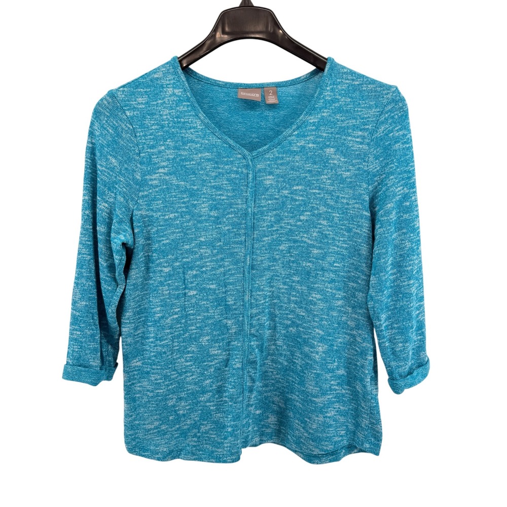 NEW Chico's Outlet Knit Top Womens 2/Large Blue Heathered V-Neck Pullover Casual